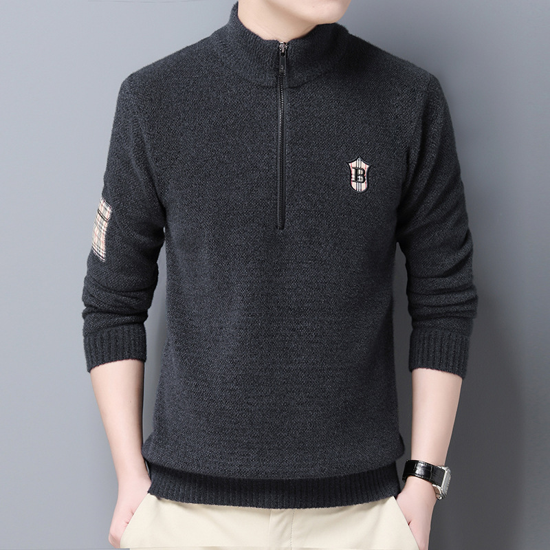 Autumn Winter Fleece Men’s Sweater Fashion Korean Style Stand-up Collar Zipper Pullover Warm Chenille Velvet Base Sweaters alx