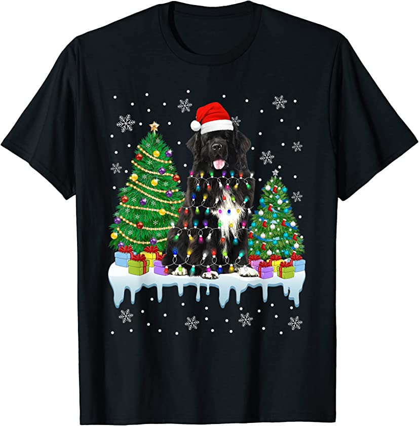 Newfoundland Dog Christmas Tree Xmas Lights Puppy Lover T-Shirt