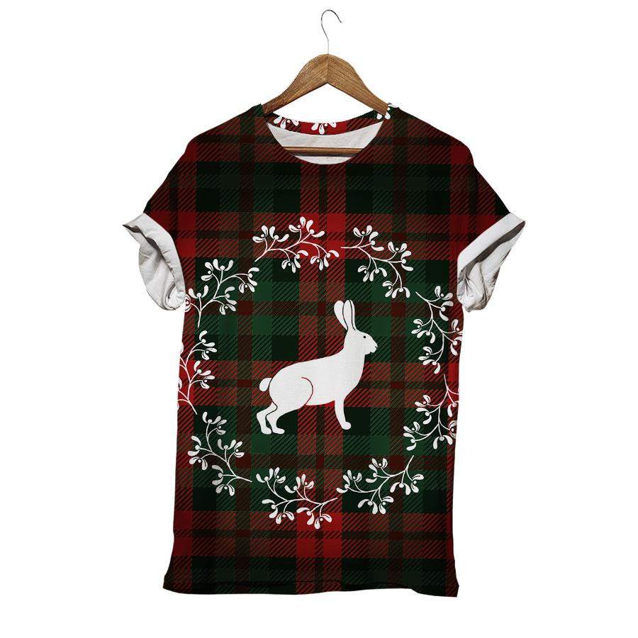 Christmas Wreath With White Rabbit Grid Pattern Rabbit T-shirt