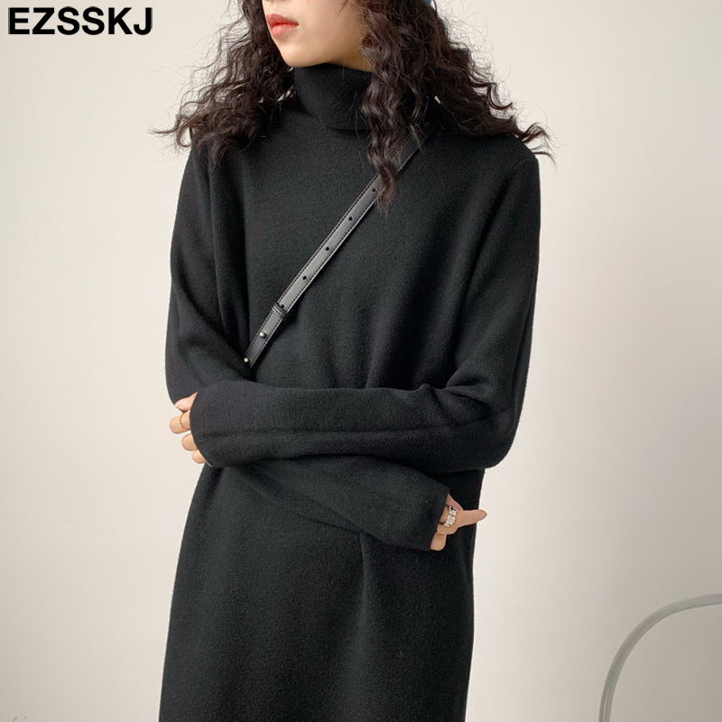 2021 Casual autumn winter Pile collar thick maxi weater pullovers dress Women basic loose sweater female turtleneck long dress alx