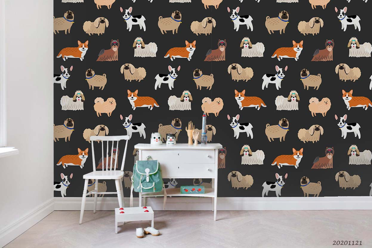 3D Cartoon Animals Dog Black Wall Mural Wallpaper Lqh 31