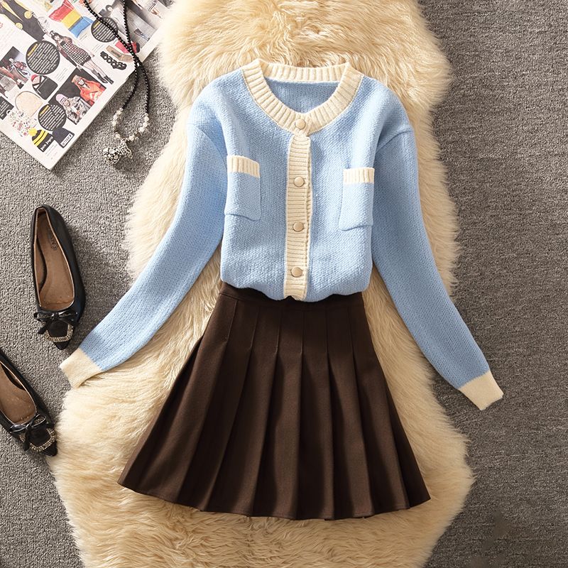 2023 New Autumn Winter Korean Sweet 2 Pieces Sets Women Knitted Cardigan Long Sleeve Sweater + Pleated Skirt Suits Top D160 alx