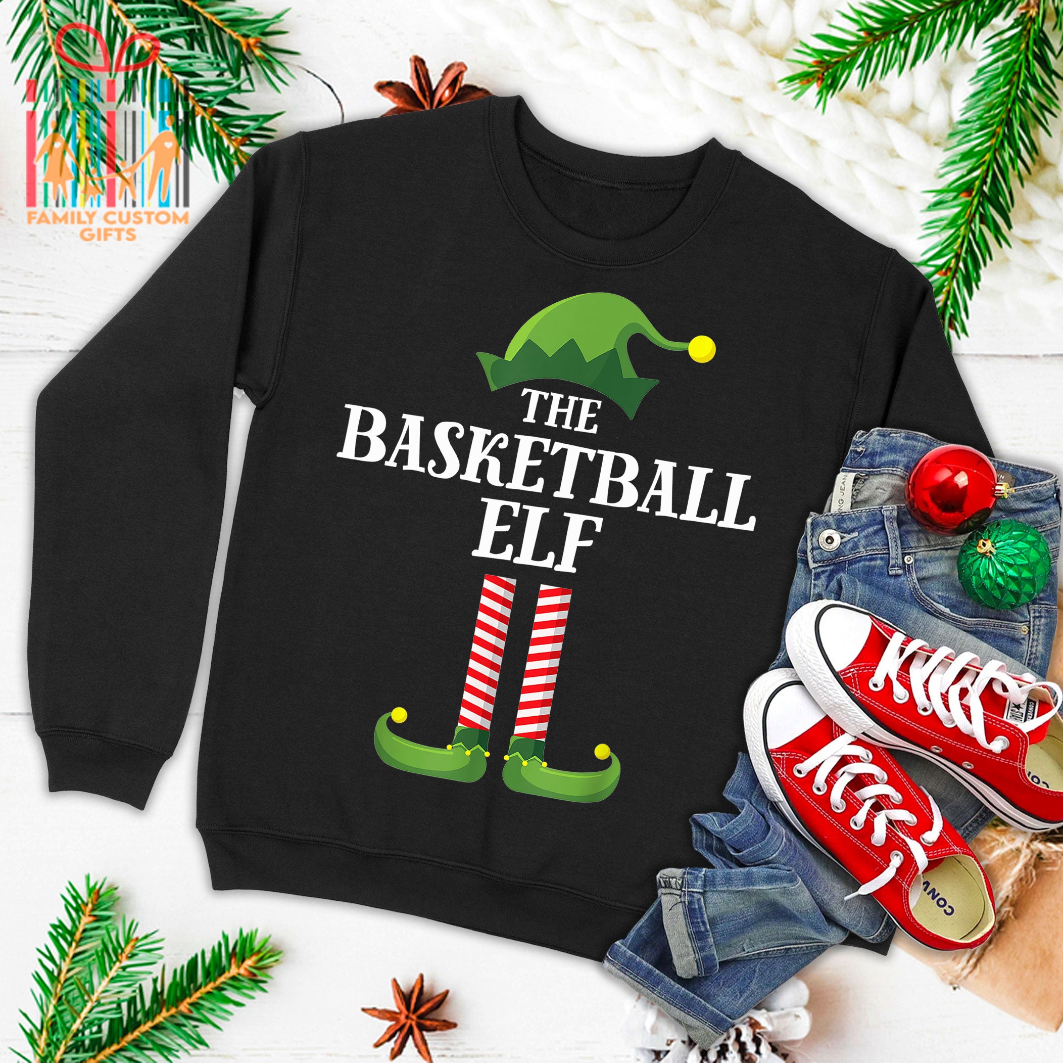 Basketball Elf Matching Family Group Christmas Party Pajama Ugly Christmas Sweater T-Shirt