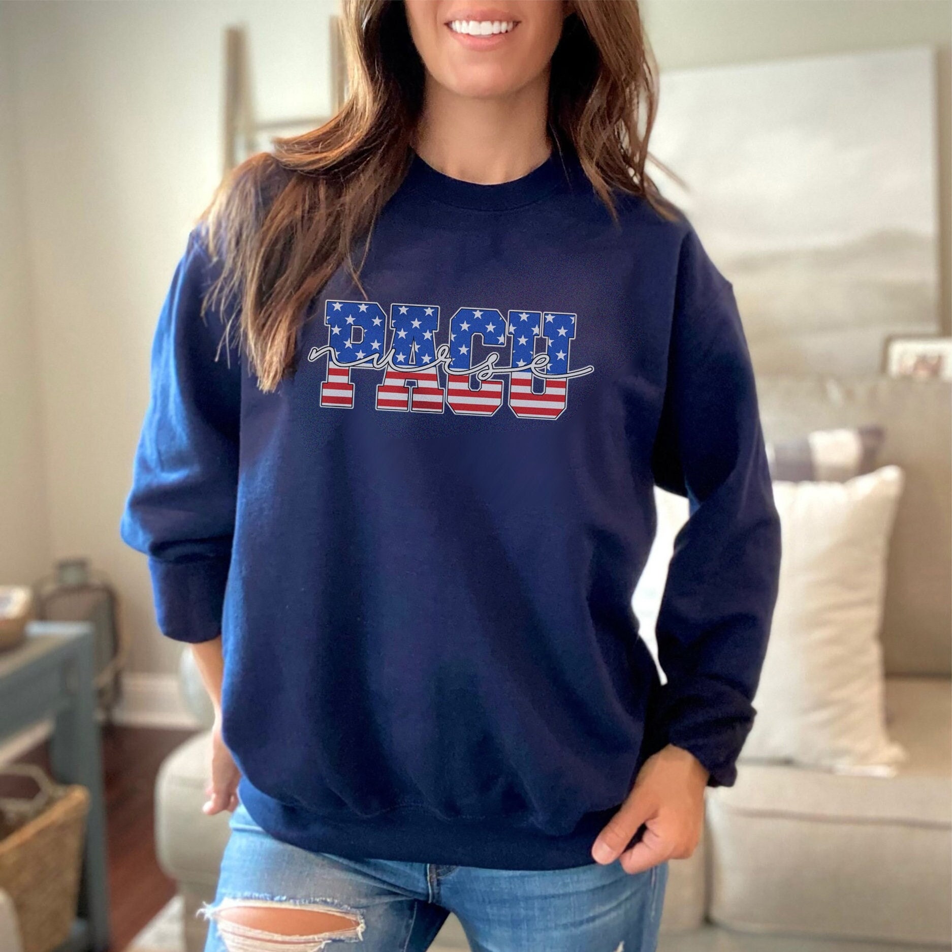 Patriotic VA Pacu Nurse Sweatshirt – July 4th Independence Day Pacu Rn Shirt Womens Sweater USA American T-shirt Fourth Of July Peri Op Gift