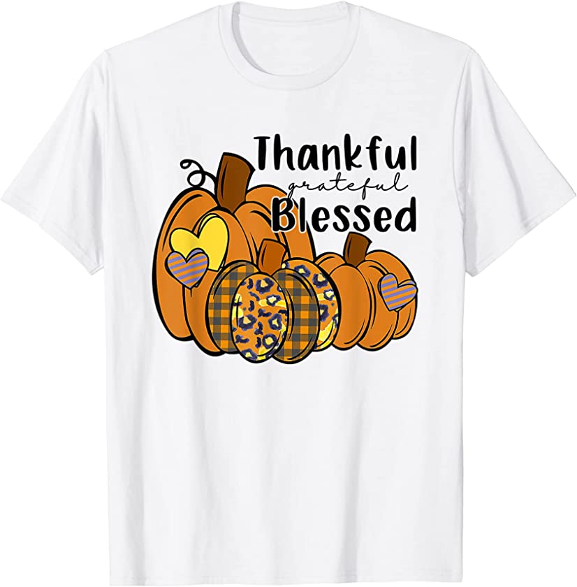 Pumpkin Leopard Thankful Grateful Blessed Thanksgiving T-Shirt