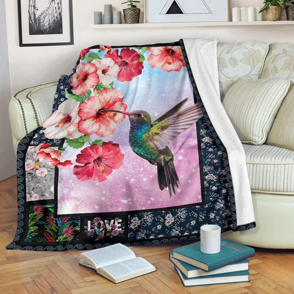 Hummingbird With Hibiscus Flowers Fleece Blanket - Gearnoble