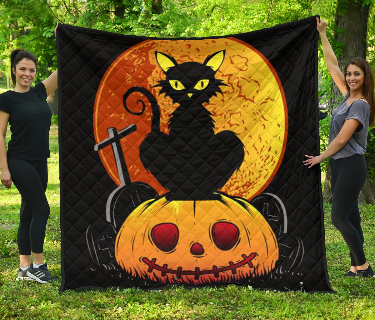 Halloween Premium Quilt | Black Cat On Pumpkin Rip Yellow Moon Quilt Blanket