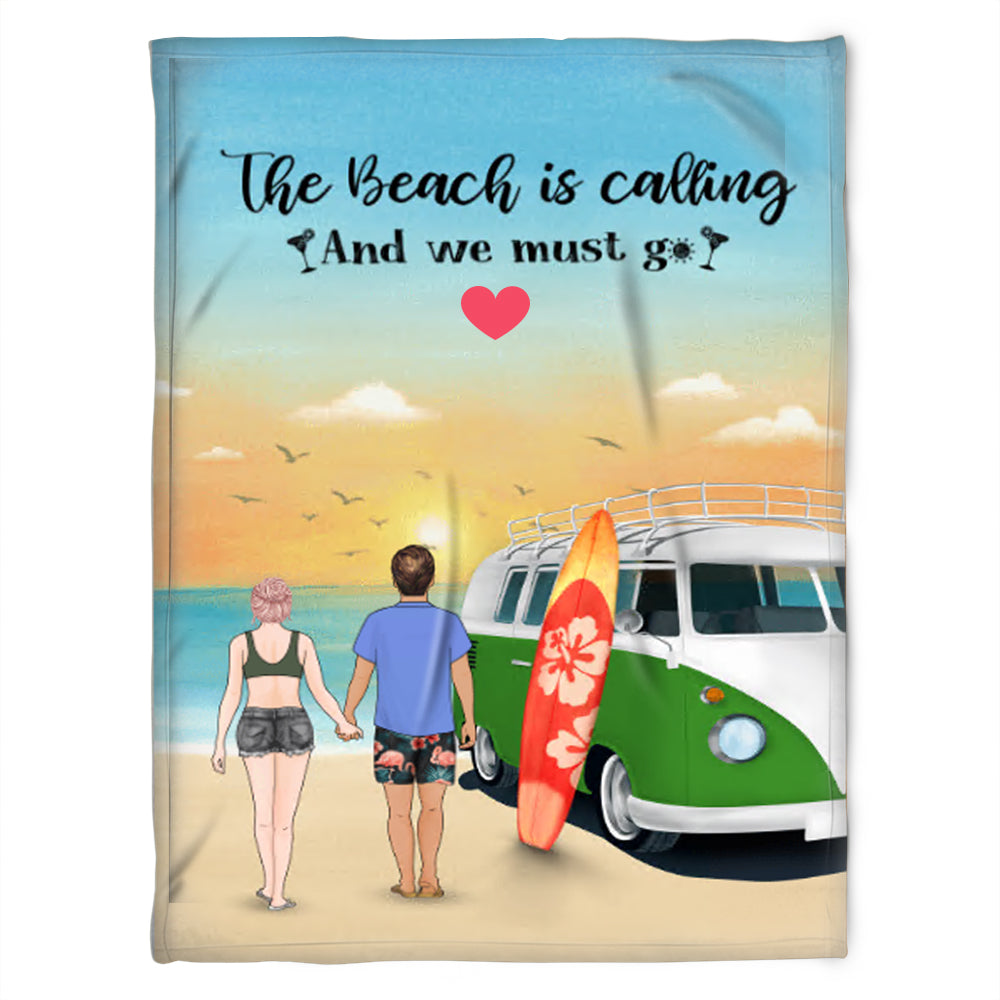 Surfing Couple On The Beach – The Beach Is Calling And We Must Go Fleece Blanket Home Decor Bedding Couch Sofa Soft And Comfy Cozy