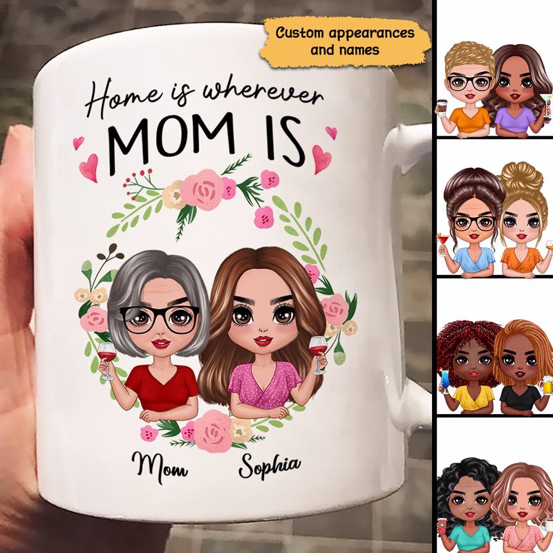 Home Is Wherever Mom Is Floral Circle Doll Women Personalized Mug