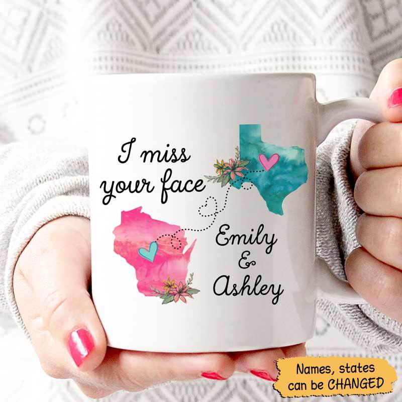 Long Distance Relationship Gift Besties I Miss Your Face Watercolor Flower States Personalized Coffee Mug