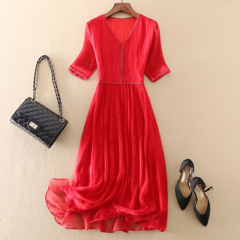 100% Real Silk Summer Dress Women Elegant Red Dresses for Women Clothing Office Lady Holiday Beach Dress Vestido De Mujer Zm274 alx