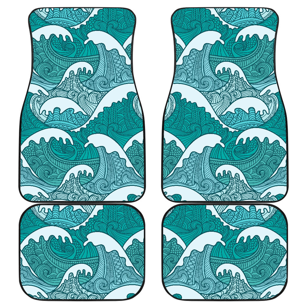 Surfing Wave Pattern Print Front And Back Car Floor Mats, Front Car Mat