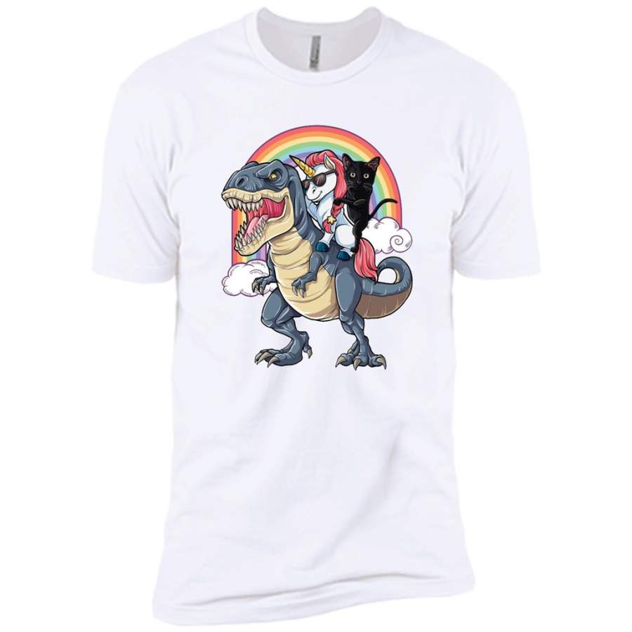 Unicorn and Black Cat Riding Dinosaur Rainbow – Canvas Unisex USA Shirt