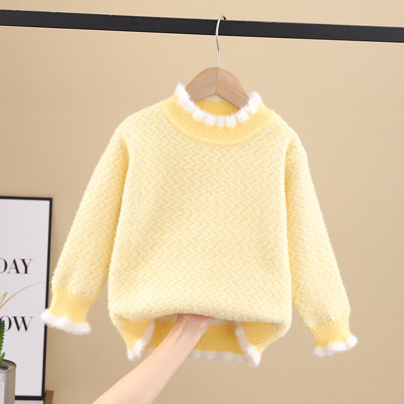 Winter Girl Cute Sweater Girls Round Neck Plus Velvet Toddler Warm Sweater Kids Long-sleeved Bottoming Shirt Children’s Clothing alx