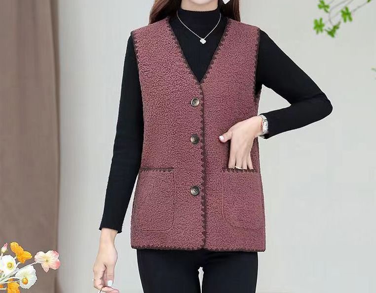 Woman Lamb Jacket waistcoat Solid Sleeveless Single-breasted V-neck vest warm winter waistcoat outwear alx