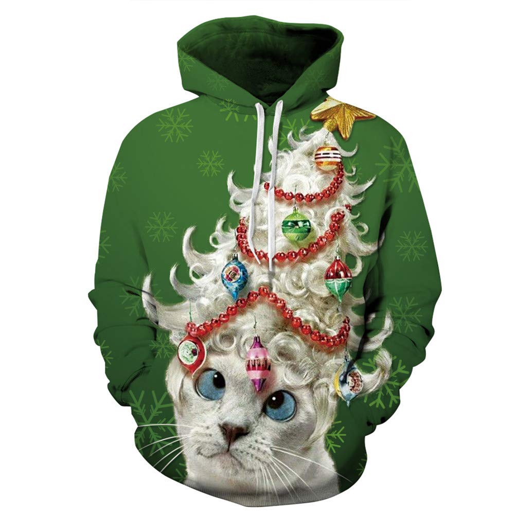 Cat Pine Tree Christmas 3D Gloria & Sarah Womens Mens Ugly Christmas Sweaters Funny Plus Size Hoodie Pullover Sweatshirts