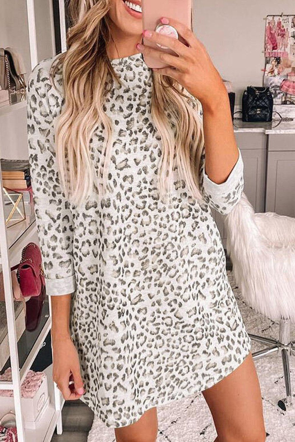 Azura Exchange Leopard Print Crew Neck Long Sleeve Mini Dress