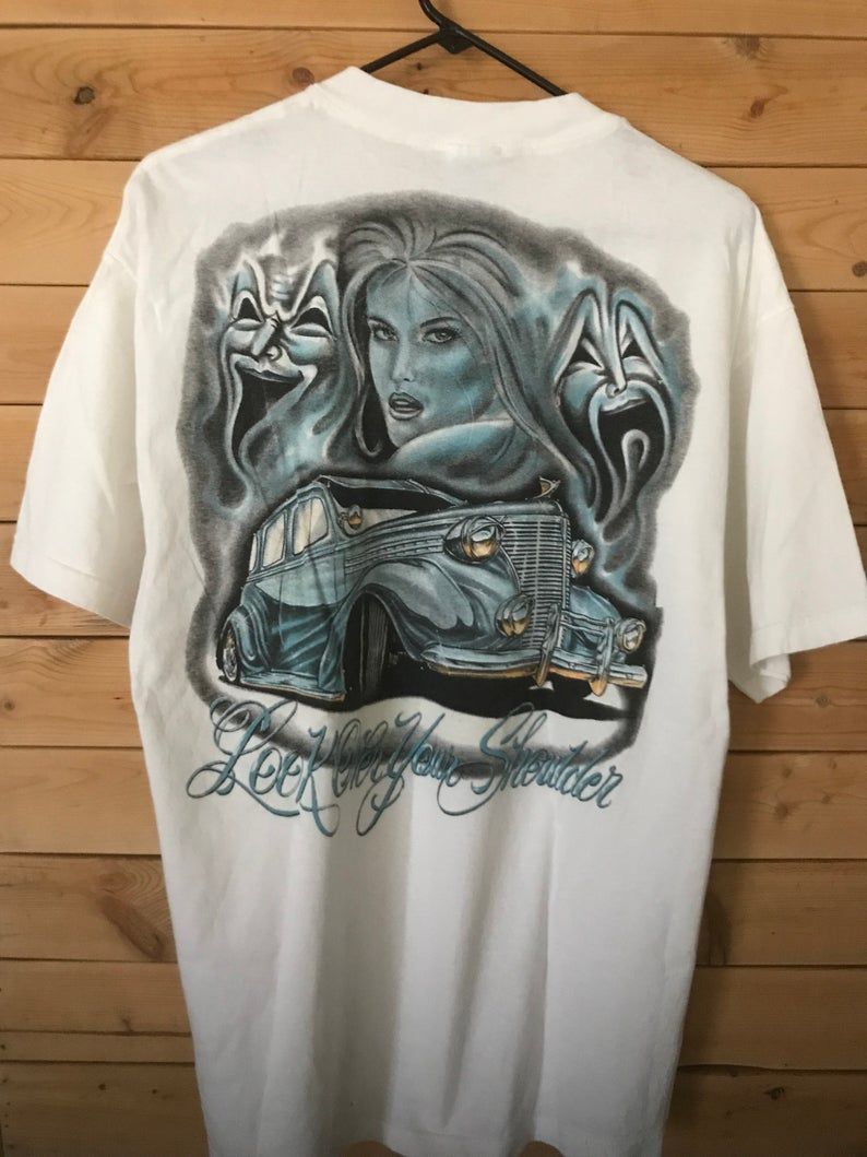 Vtg Lowrider Cholo Shirt Laugh Now Cry Later Look Over Your Shoulder T-Shirt