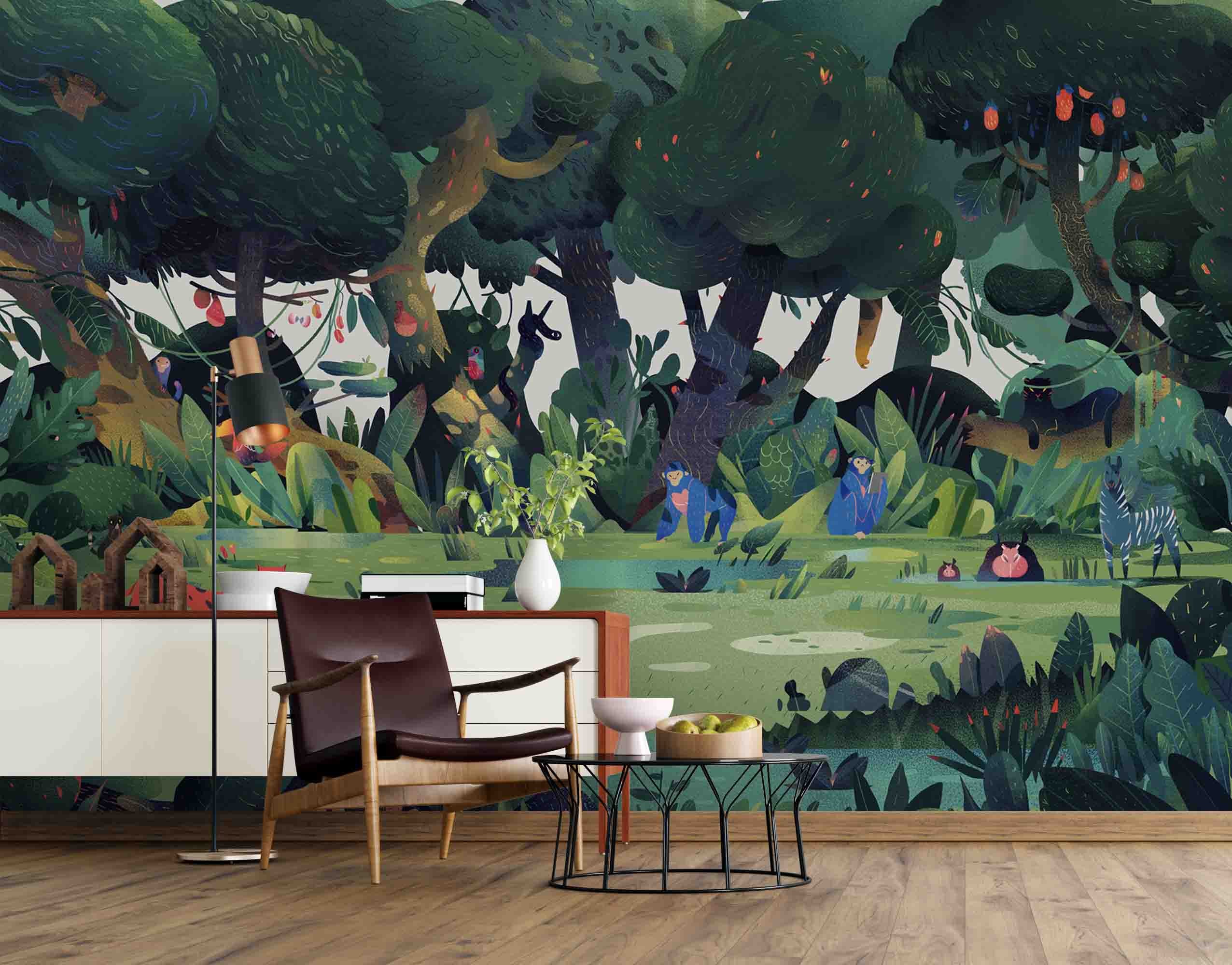 3D Cartoon Animal Forest Wall Mural Wallpaper Sf35