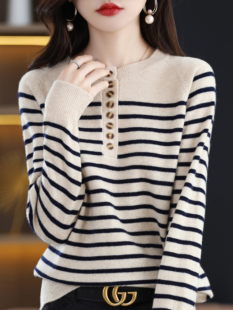 Striped Sweater Womn Knitwears Pullovers Cashmere Blouse Spring Female Clothing 100% Wool Long Sleeve Top Knitted Fashion Jumper alx