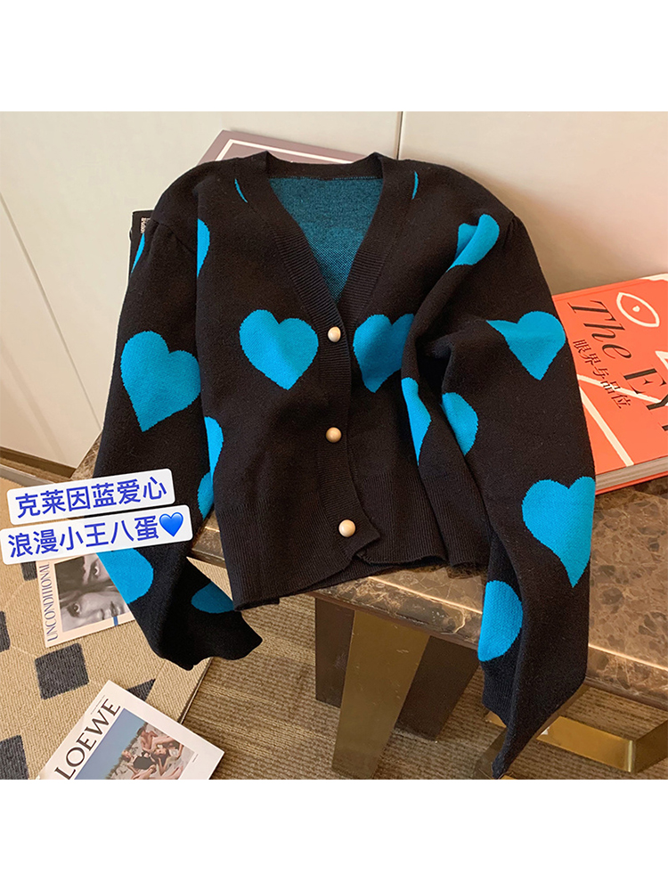 Blue Heart Print Women Autumn Winter V-neck Baggy Knit Cardigan Sweater Loose Long Sleeve Classic Basic Female Knitwear 2022 New alx