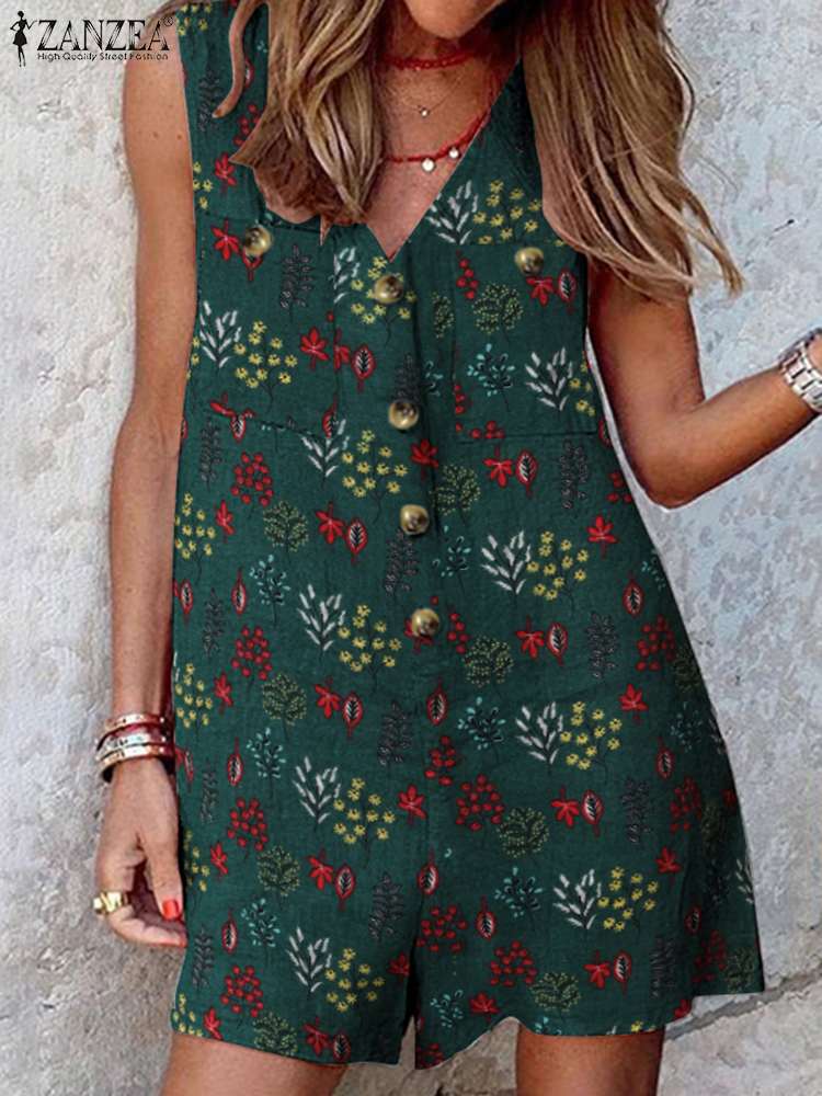 ZANZEA Bohemian Summer Woman Jumpsuits Sleeveless V-Neck Floral Printed Pockets Rompers Vintage Fashion Casual Loose Playsuits alx