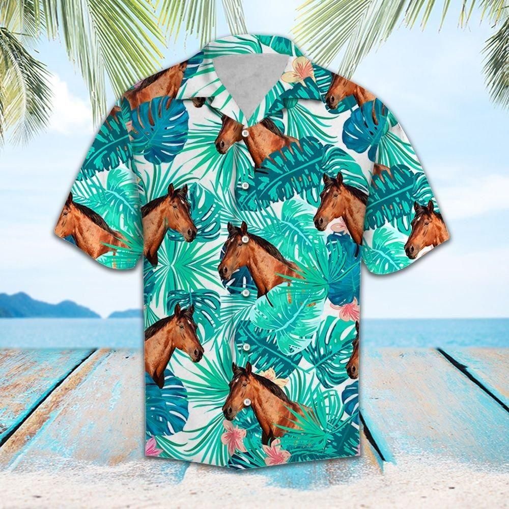 Tropical Leaf And Horse Aloha Hawaiian Shirt Colorful Short Sleeve Summer Beach Casual Shirt For Men And Women