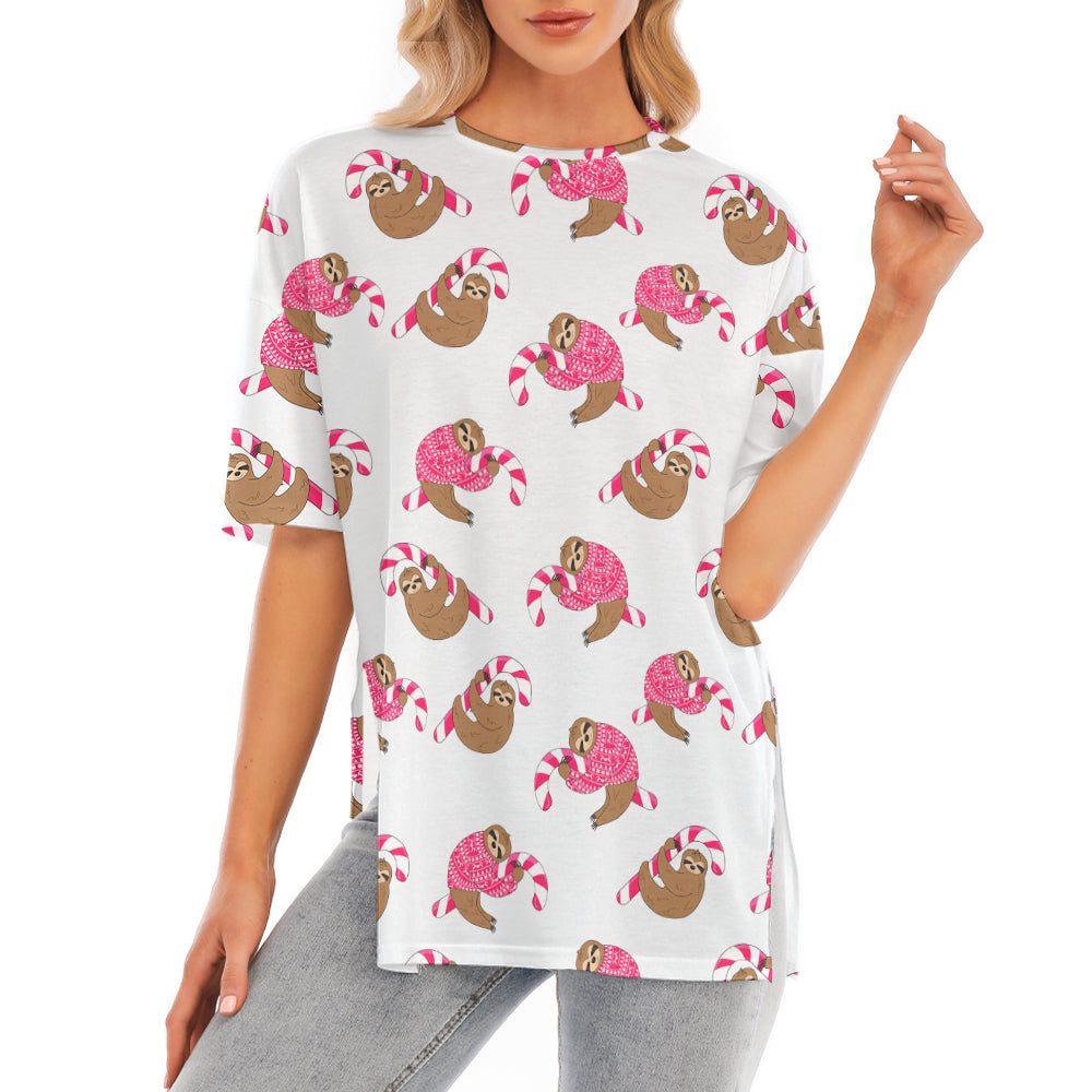 Sloth And Candy Cane Short Sleeve T-Shirt With Hem Split