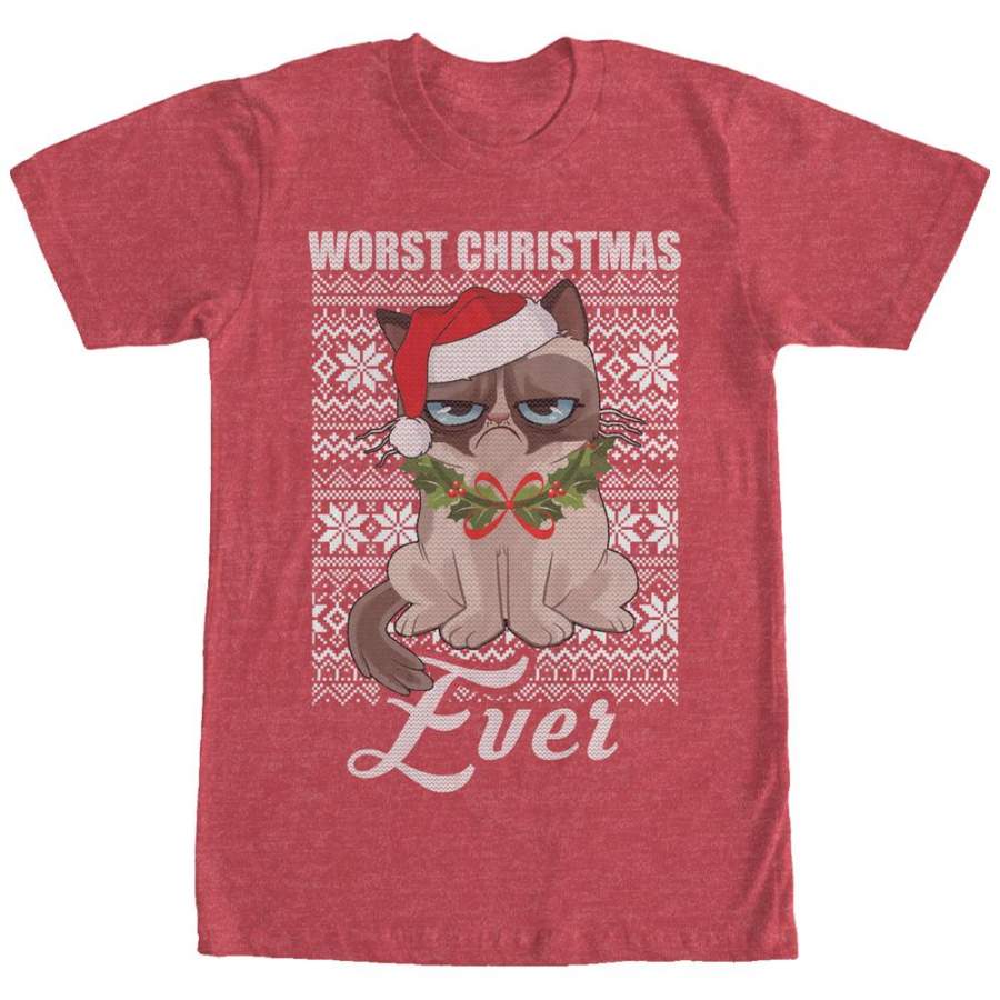 Grumpy Cat Men’s Ugly Christmas Worst Ever  T Shirt Red Heather