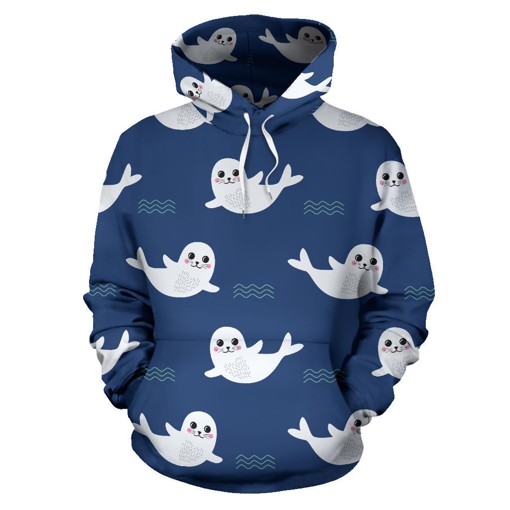 Cute White Baby Sea Lion Seal Pattern Men Women Pullover Hoodie