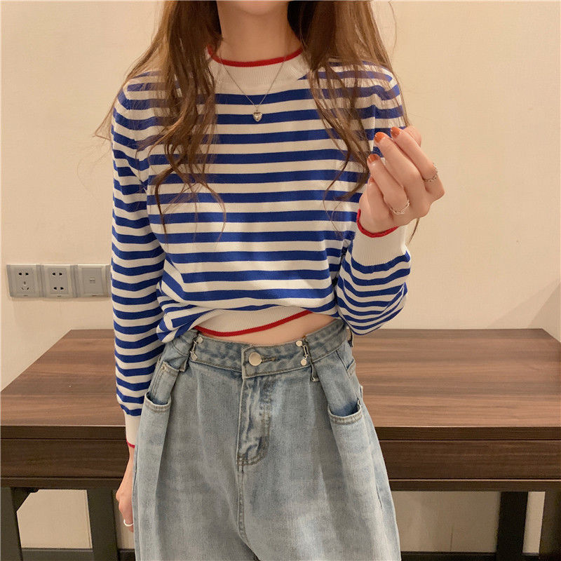 Sweater Pullovers Women Autumn New Korean Style All-match Striped Knitted O-neck Fashion Teenagers Soft Daily Chic Casual Tender alx