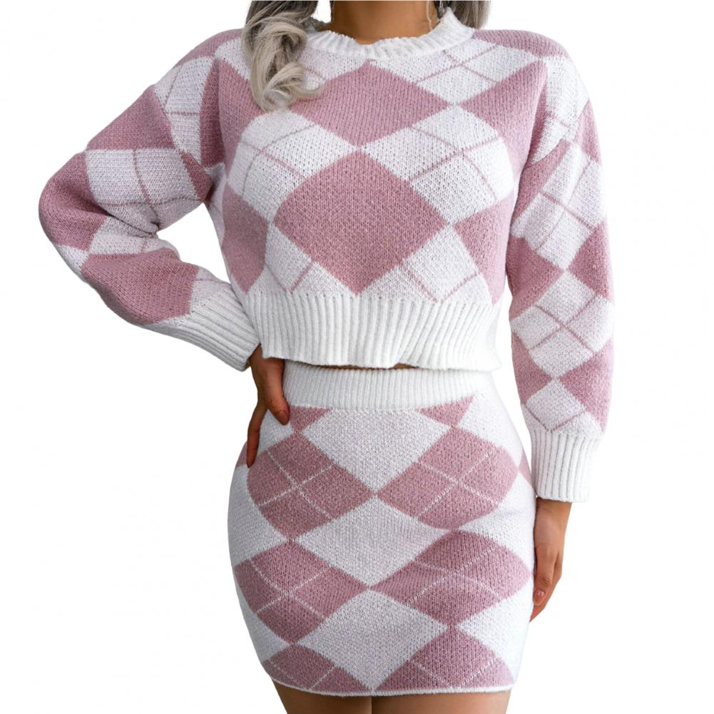 2 Pcs/Set Rhombus Print Women Sweater Skirt Set Round Neck Knitted Pullover Long Sleeves Winter Sweater Skirt Suit for Dating alx