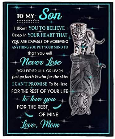 To My Son I Love You Blankets Gifts From Mom Cat Tiger Kitten Black Plush Fleece Blanket