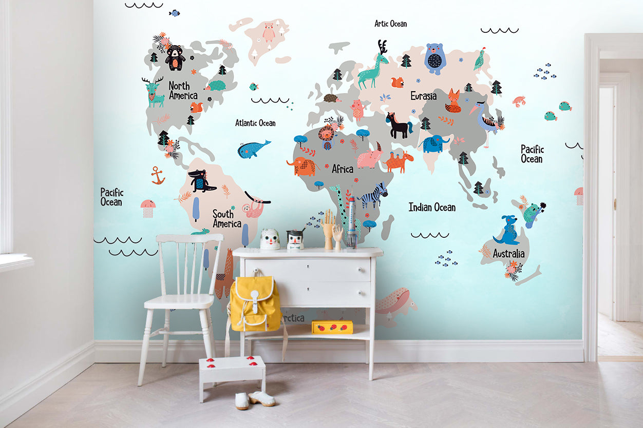 3D Animals World Map Wall Mural Wallpaper 42