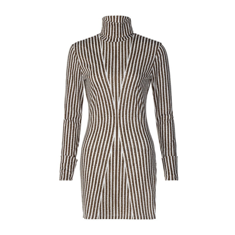 YOZOU 2022 Striped Long Sleeve Mini Dress Side Slit Turtleneck Bodycon Wrap Dresses for Women Female Party Club Outfits Sexy alx