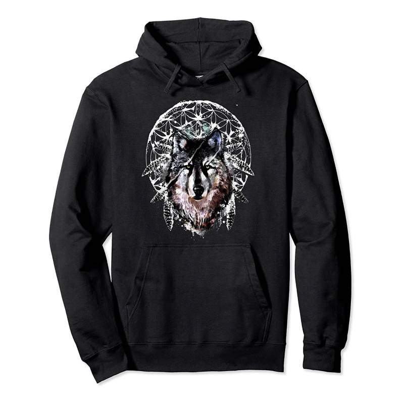 Watercolor Wolf Feathers Flower Of Life Forest Animal Pullover Hoodie, T Shirt, Sweatshirt