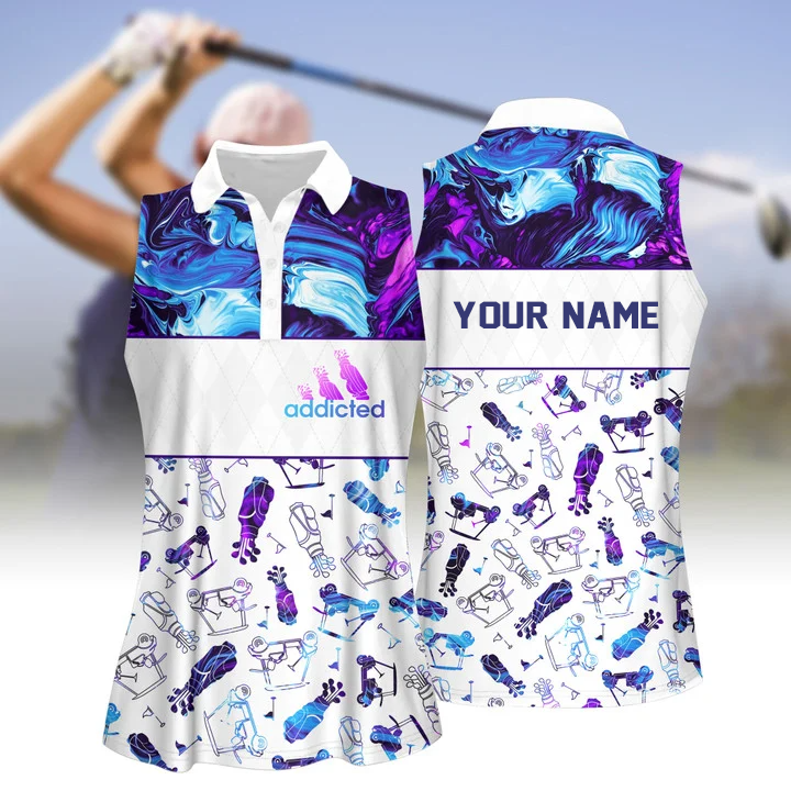 Personalized Name Blue And Purple Marble Seamless Golf Pattern Women Short Sleeve Polo Shirt Sleeveless Polo Shirt