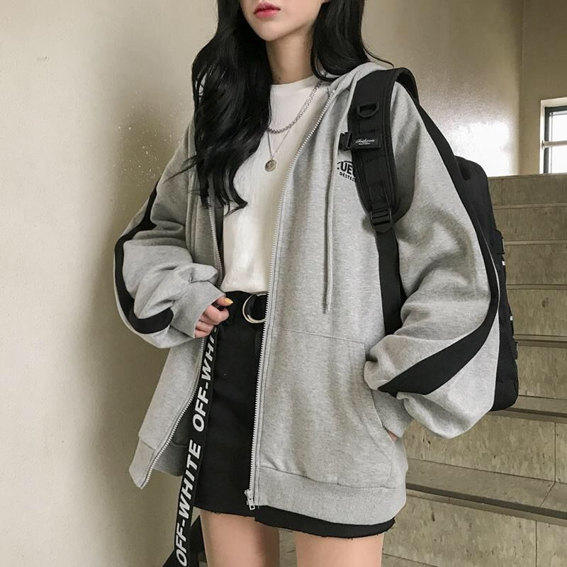 Women Harajuku Solid Color Hoodies Autumn Casual Long Sleeve Sweatshirts Coat Female Korean Version Zipper Pocket Hooded Jacket alx