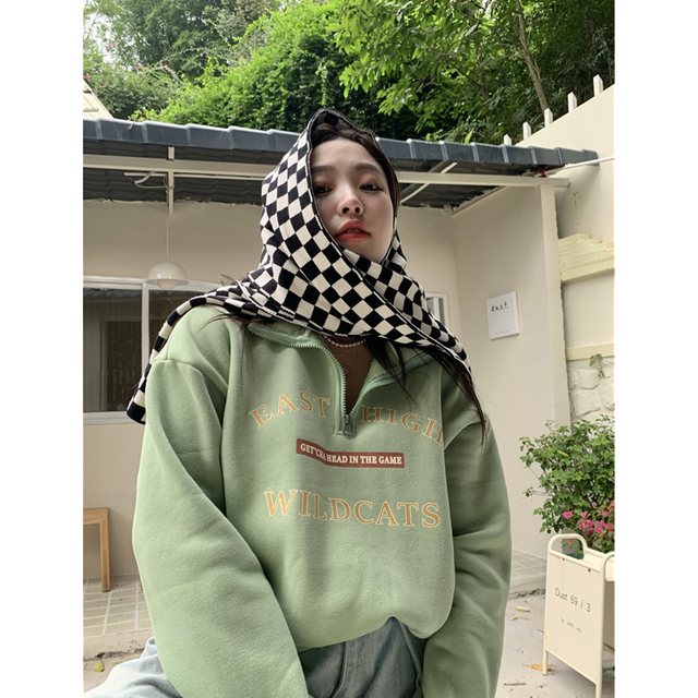 Women Light Grey Sweatshirt Letter Print POLO Collar Korean Fashion Hip Hop Vintage Leisure Thicken Winter New Pullover Tops alx