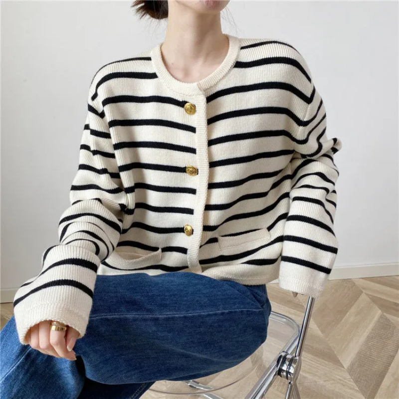 Striped Panelled Soft Elegant Sweater Cardigan Women Vintage Cropped Sweet Girlish Popular Temper Streetwear All-match Ulzzang alx