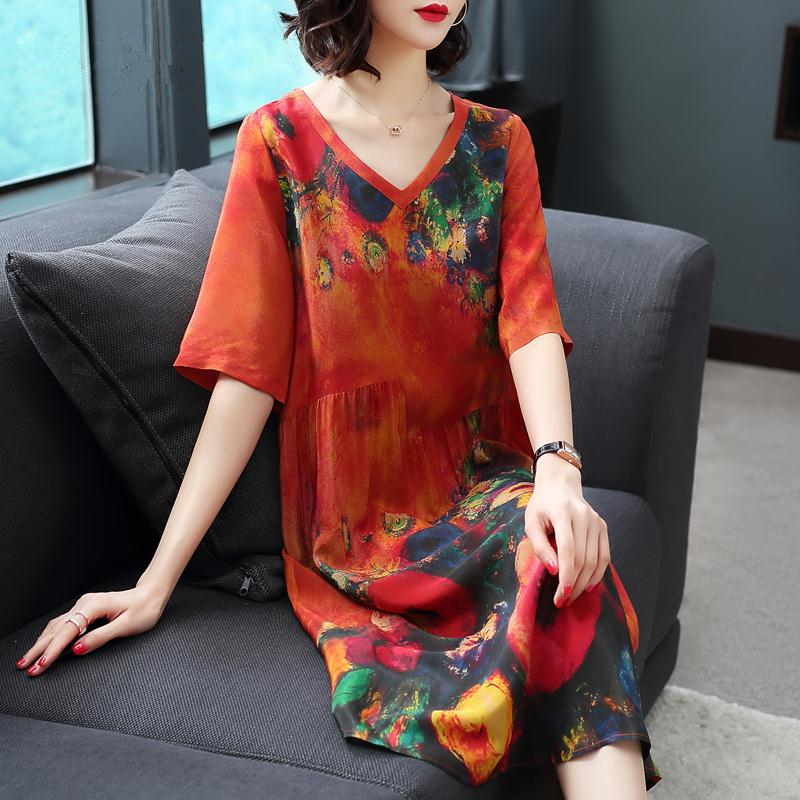 AYUNSUE Women Summer Silk Casual Dress Elegant Print Plus Size Dress V Neck Floral Women’s Dresses Vintage Vestido 2020 KJ1854 alx