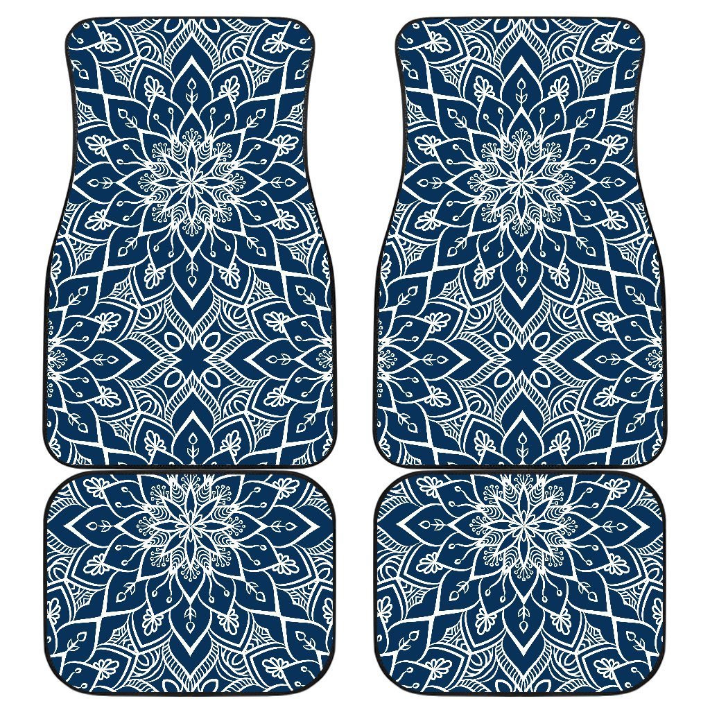 Blue And White Bohemian Mandala Print Front And Back Car Floor Mats, Front Car Mat