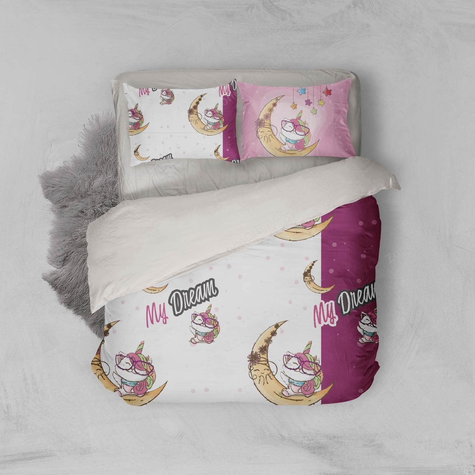 3D Cartoon Caticorn Unicorn Moon Bedding Set Bedroom Decor