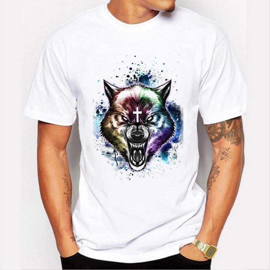 2017 latest men’s fashion cross ferocious wolf  printed t-shirt funny animal tees Hipster cool tops