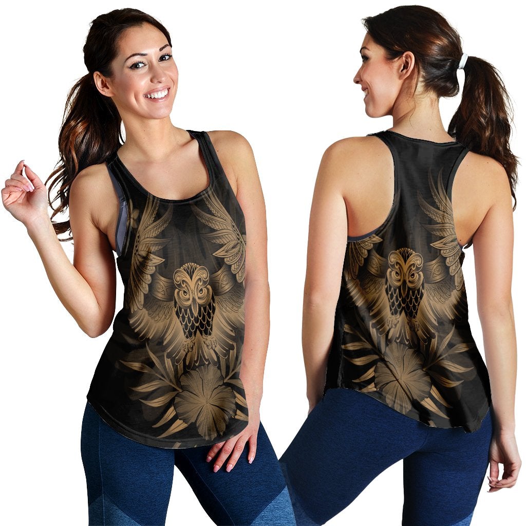 Hawaii Owl Hibiscus Plumeria Polynesian Racerback Tank Gold Ha68180