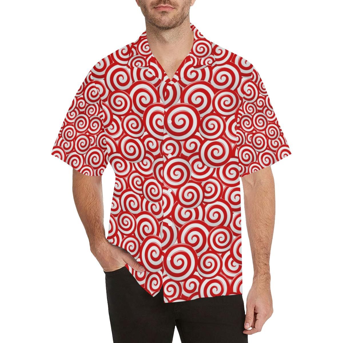 Red And White Candy Spiral Lollipops Pattern Men’S All Over Print Hawaiian Aloha Shirts Aloha Shirts