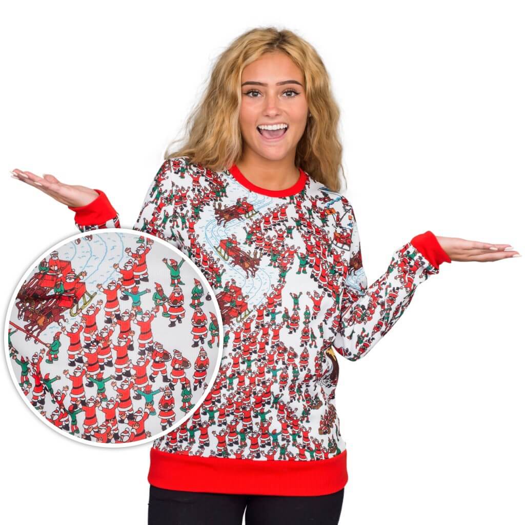 Women’S Where’S Waldo Santa Sleds Snow Mountain Ugly Christmas Sweater