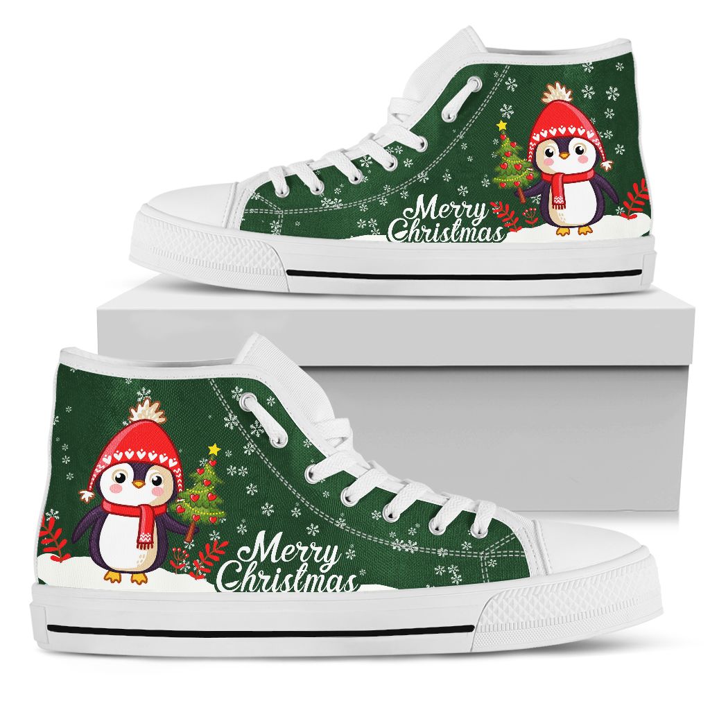 Penguin Merry Christmas Green High Top Personalized Shoes Custom Name, Text For Women, Men