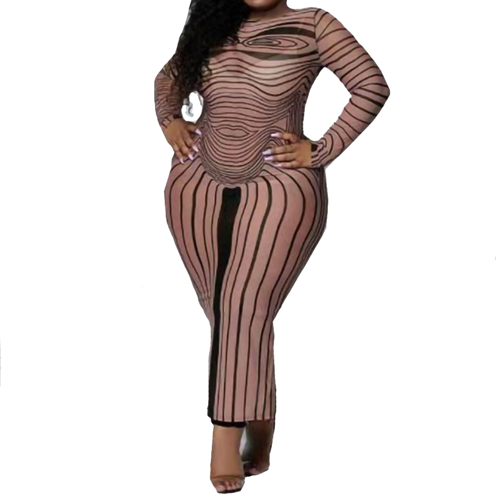 Striped Women Long Dress Round Neck Long Sleeve Plus Size Clothes Stretch Slim Sexy Brown Fashion Dresses Wholesale alx