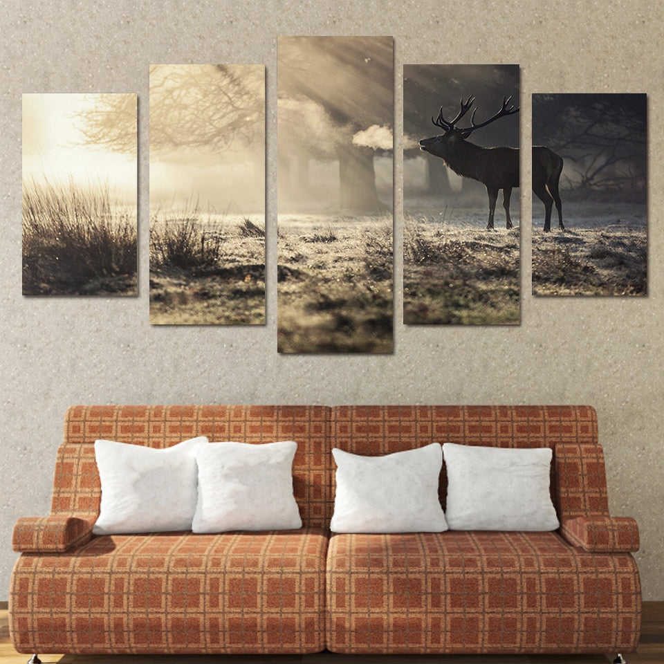 Winter Forest Elk Animal Poster 5 Panel Canvas Wall Art Painting